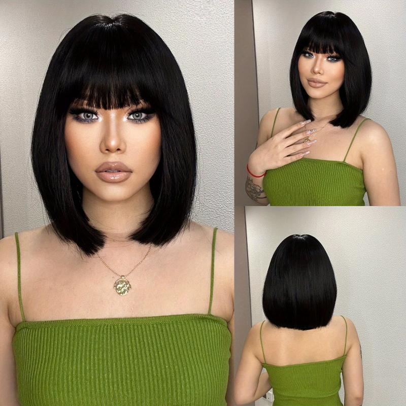 Short Straight Wigs With Bangs Synthetic Hair Replacement Wigs For Women Girls