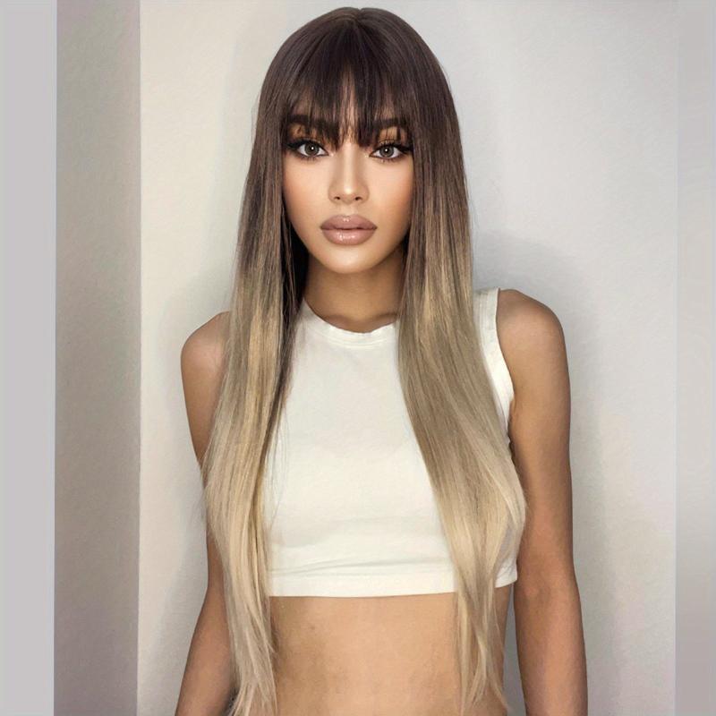 Ombre Long Straight Wigs 71 12 Cm Soft Natural Wigs Ombre Blonde With Bangs
