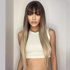 Ombre Long Straight Wigs 71 12 Cm Soft Natural Wigs Ombre Blonde With Bangs