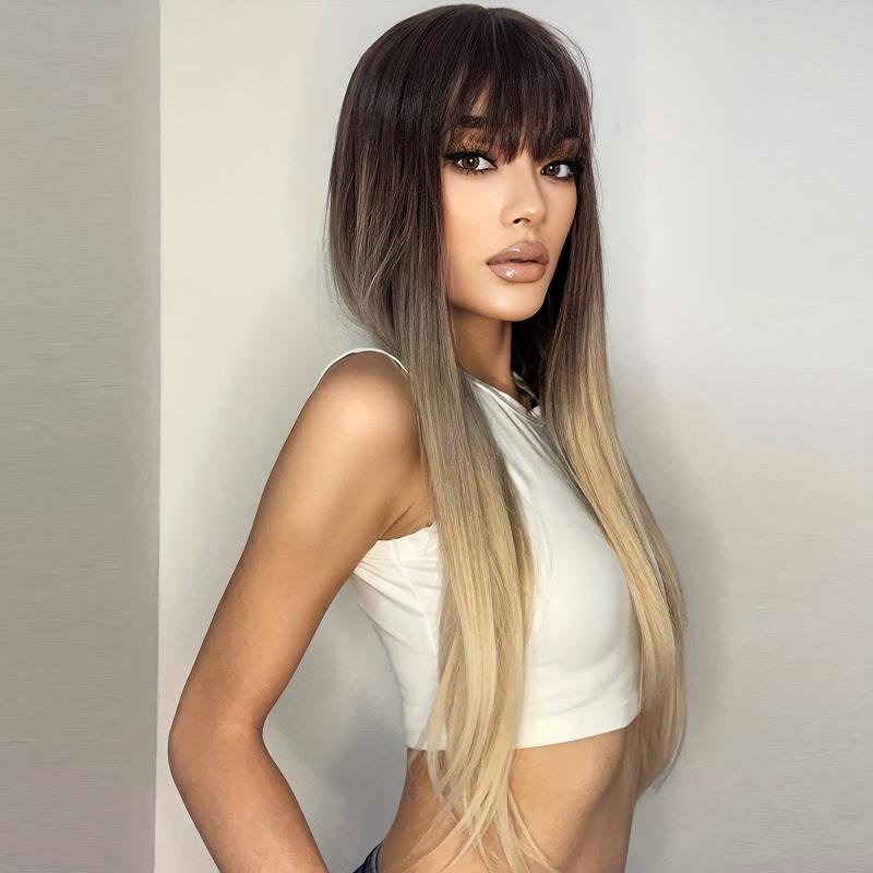 Ombre Long Straight Wigs 71 12 Cm Soft Natural Wigs Ombre Blonde With Bangs