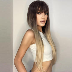 Ombre Long Straight Wigs 71 12 Cm Soft Natural Wigs Ombre Blonde With Bangs