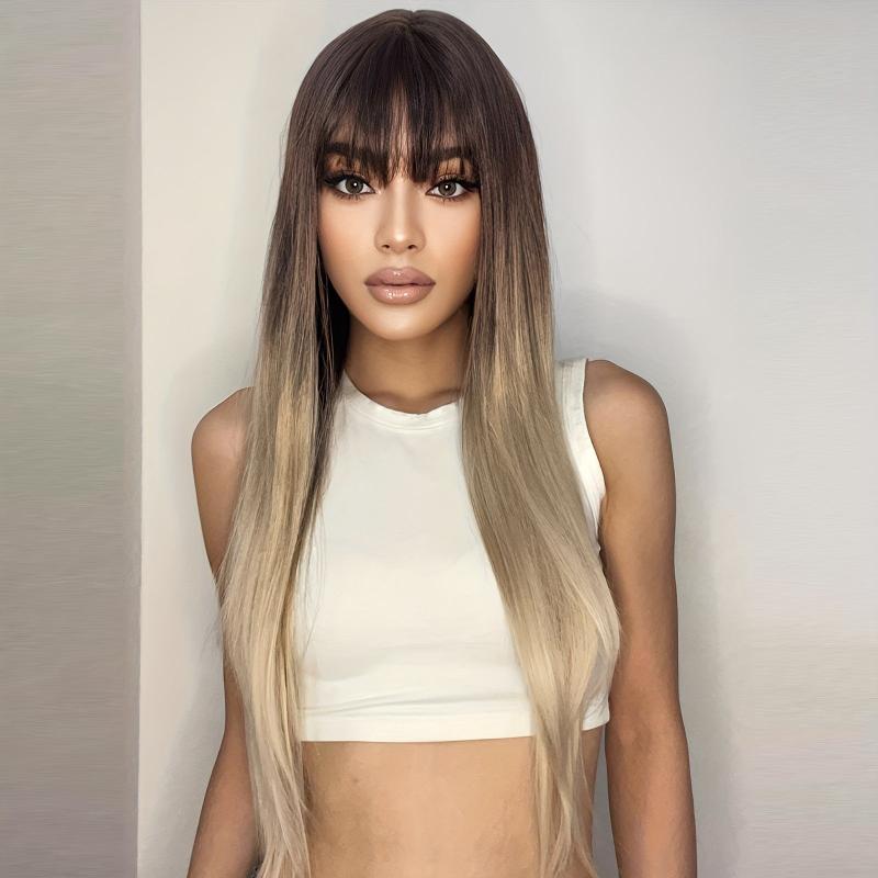 Ombre Long Straight Wigs 71 12 Cm Soft Natural Wigs Ombre Blonde With Bangs