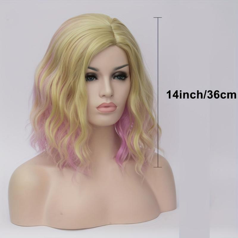 Ombre Pink Blonde Short Bob Wigs 35 56 Cm Water Wave Hair Synthetic Fiber