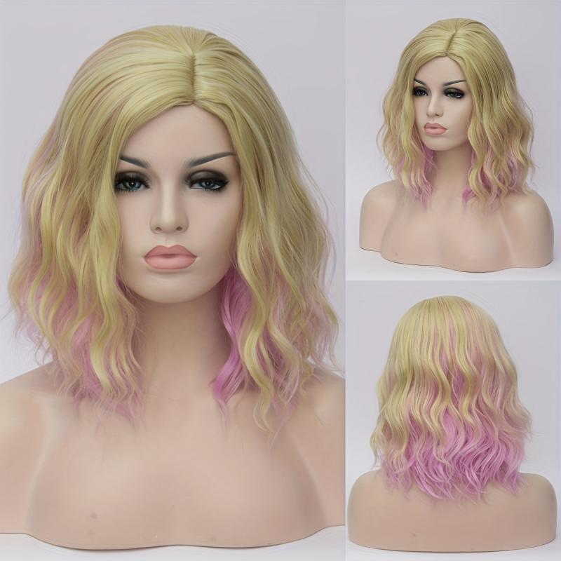 Ombre Pink Blonde Short Bob Wigs 35 56 Cm Water Wave Hair Synthetic Fiber