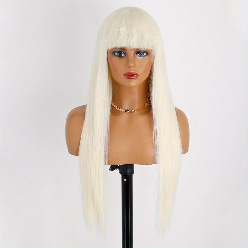 Dark Brown Long Straight Hair Wigs With Bangs Synthetic Heat Resistant Fiber