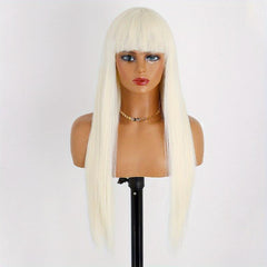 Dark Brown Long Straight Hair Wigs With Bangs Synthetic Heat Resistant Fiber