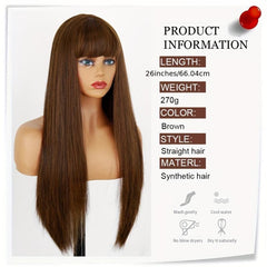 Dark Brown Long Straight Hair Wigs With Bangs Synthetic Heat Resistant Fiber
