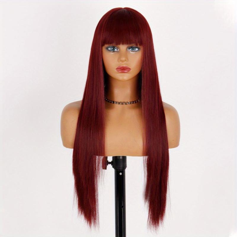 Dark Brown Long Straight Hair Wigs With Bangs Synthetic Heat Resistant Fiber