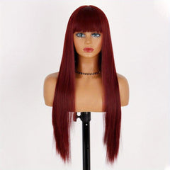 Dark Brown Long Straight Hair Wigs With Bangs Synthetic Heat Resistant Fiber