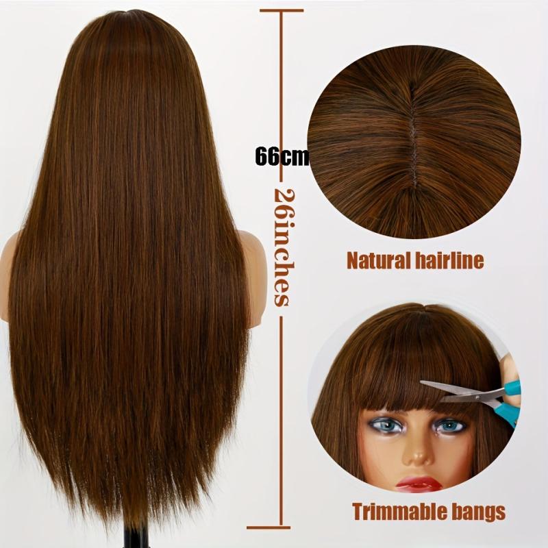 Dark Brown Long Straight Hair Wigs With Bangs Synthetic Heat Resistant Fiber