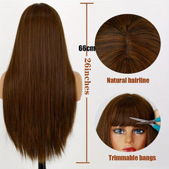 Dark Brown Long Straight Hair Wigs With Bangs Synthetic Heat Resistant Fiber