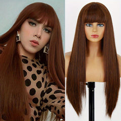 Dark Brown Long Straight Hair Wigs With Bangs Synthetic Heat Resistant Fiber