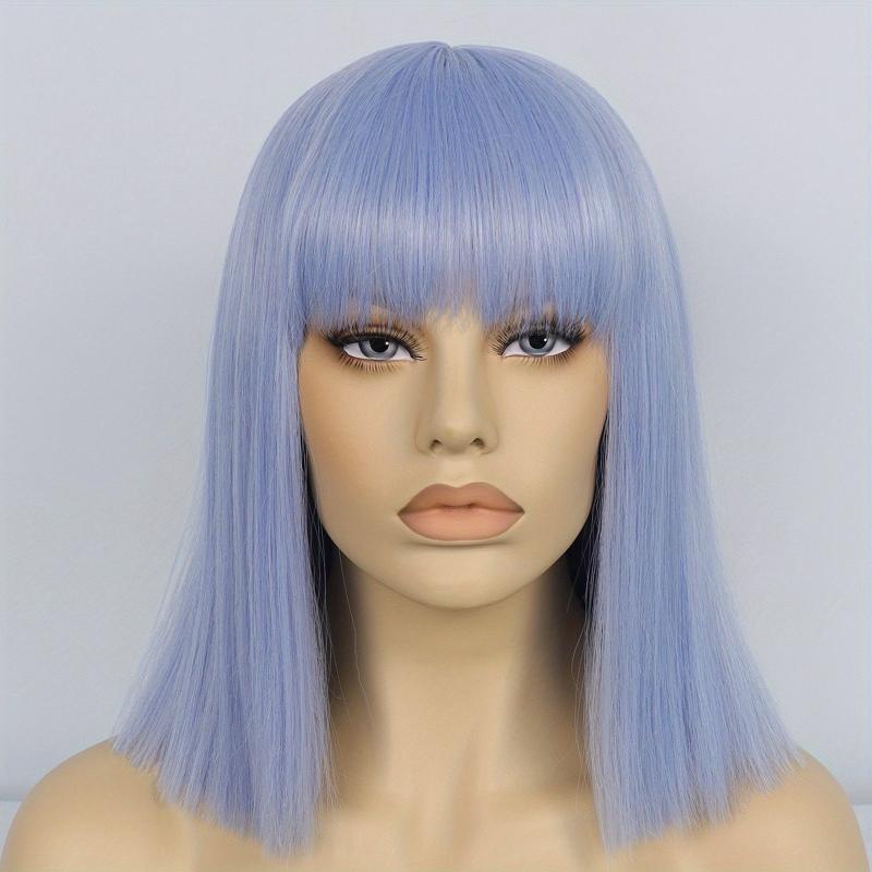 Shoulder Length Straight Bob Wigs with Bangs + Wig Cap
