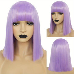 Shoulder Length Straight Bob Wigs with Bangs + Wig Cap