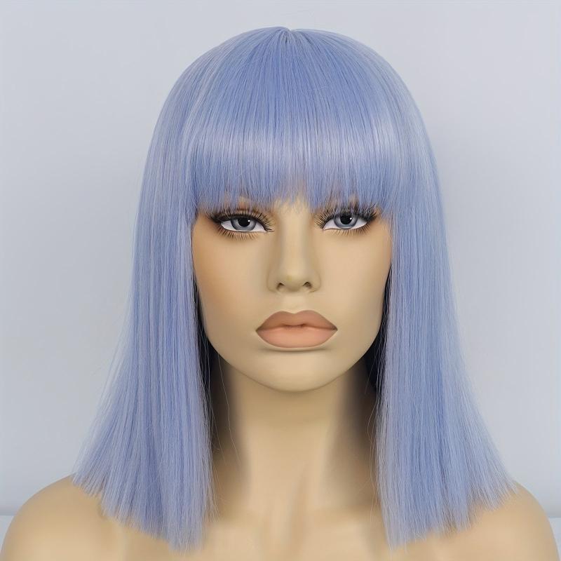 Shoulder Length Straight Bob Wigs with Bangs + Wig Cap