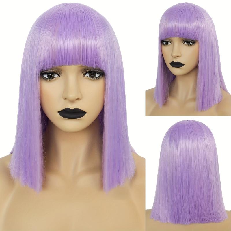 Shoulder Length Straight Bob Wigs with Bangs + Wig Cap