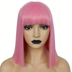 Shoulder Length Straight Bob Wigs with Bangs + Wig Cap