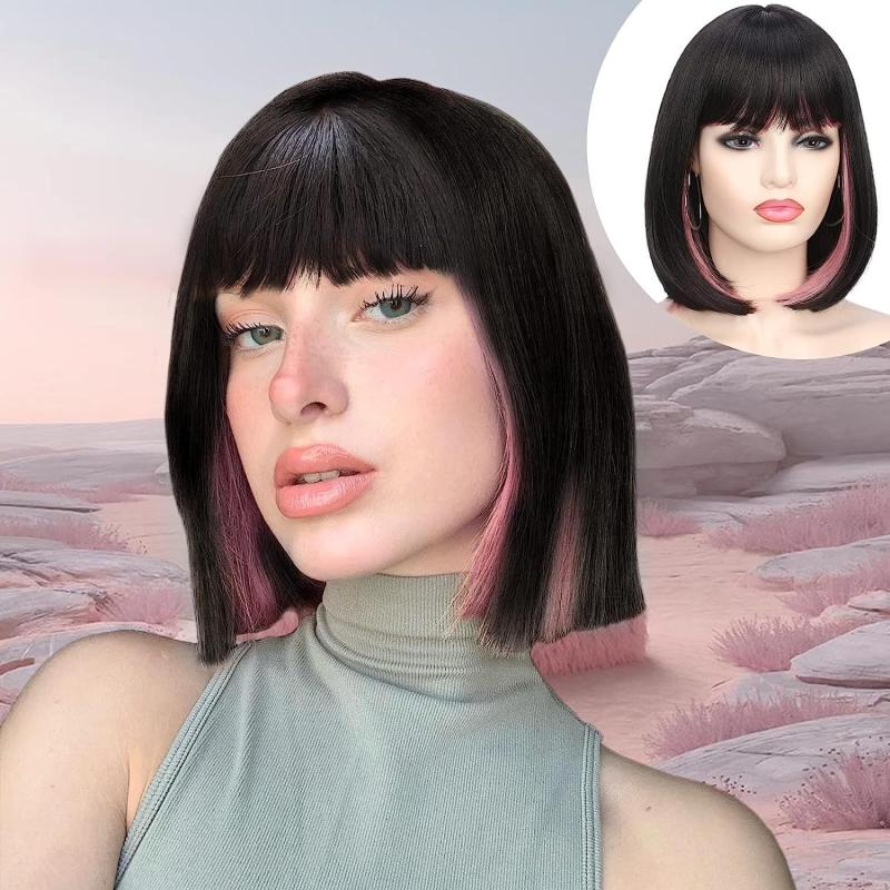 Purple Bob Wig with Bangs Lavender Synthetic Hair