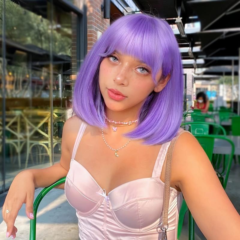 Purple Bob Wig with Bangs Lavender Synthetic Hair