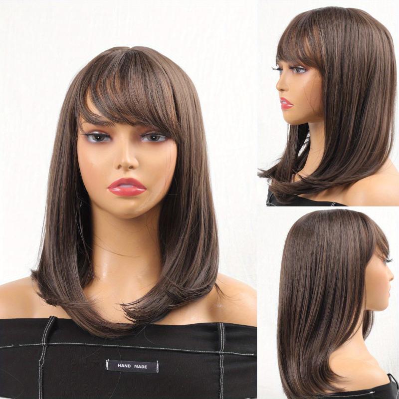 Shoulder Length Straight Hair Wigs With Bangs 45-72 cm Long Synthetic Hair