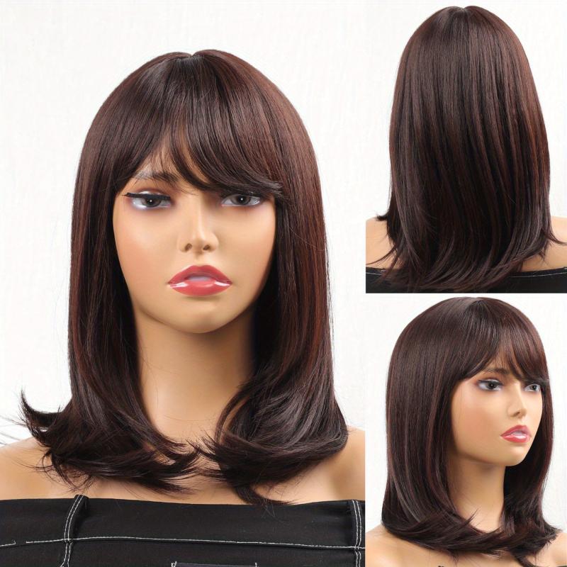 Shoulder Length Straight Hair Wigs With Bangs 45-72 cm Long Synthetic Hair