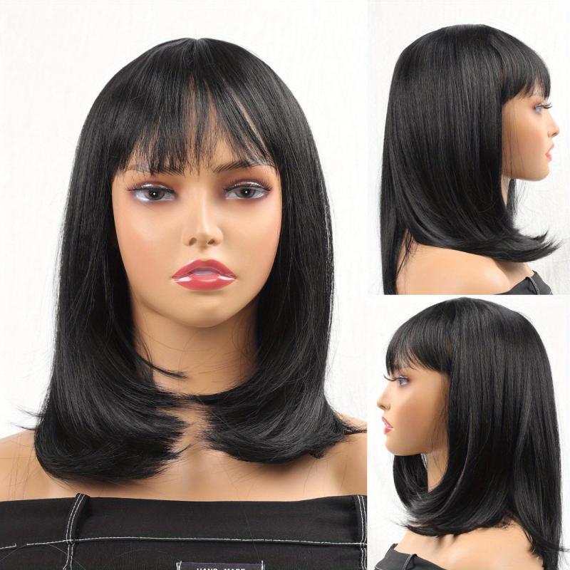 Shoulder Length Straight Hair Wigs With Bangs 45-72 cm Long Synthetic Hair