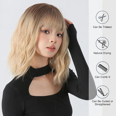 30 48 Cm Water Wavy Synthetic Wig With Fringe Medium Length Curly Synthetic Wig