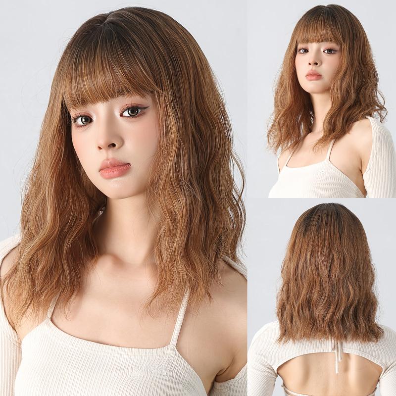 30 48 Cm Water Wavy Synthetic Wig With Fringe Medium Length Curly Synthetic Wig