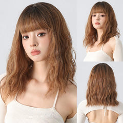 30 48 Cm Water Wavy Synthetic Wig With Fringe Medium Length Curly Synthetic Wig