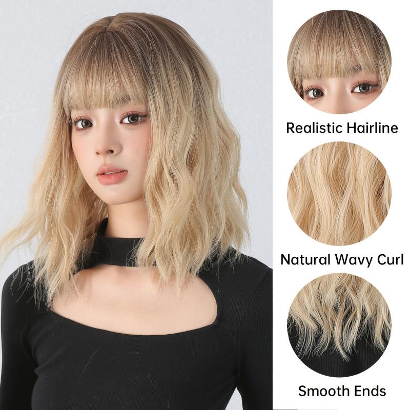 30 48 Cm Water Wavy Synthetic Wig With Fringe Medium Length Curly Synthetic Wig