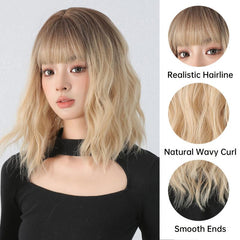 30 48 Cm Water Wavy Synthetic Wig With Fringe Medium Length Curly Synthetic Wig