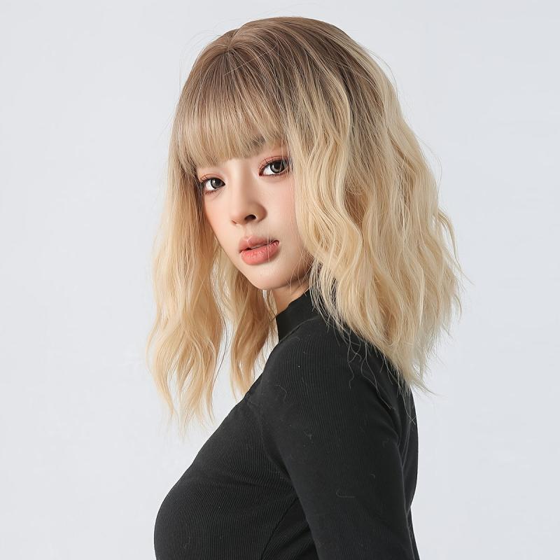 30 48 Cm Water Wavy Synthetic Wig With Fringe Medium Length Curly Synthetic Wig
