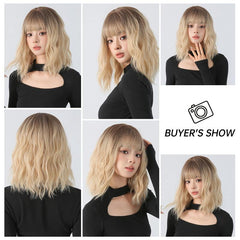 30 48 Cm Water Wavy Synthetic Wig With Fringe Medium Length Curly Synthetic Wig