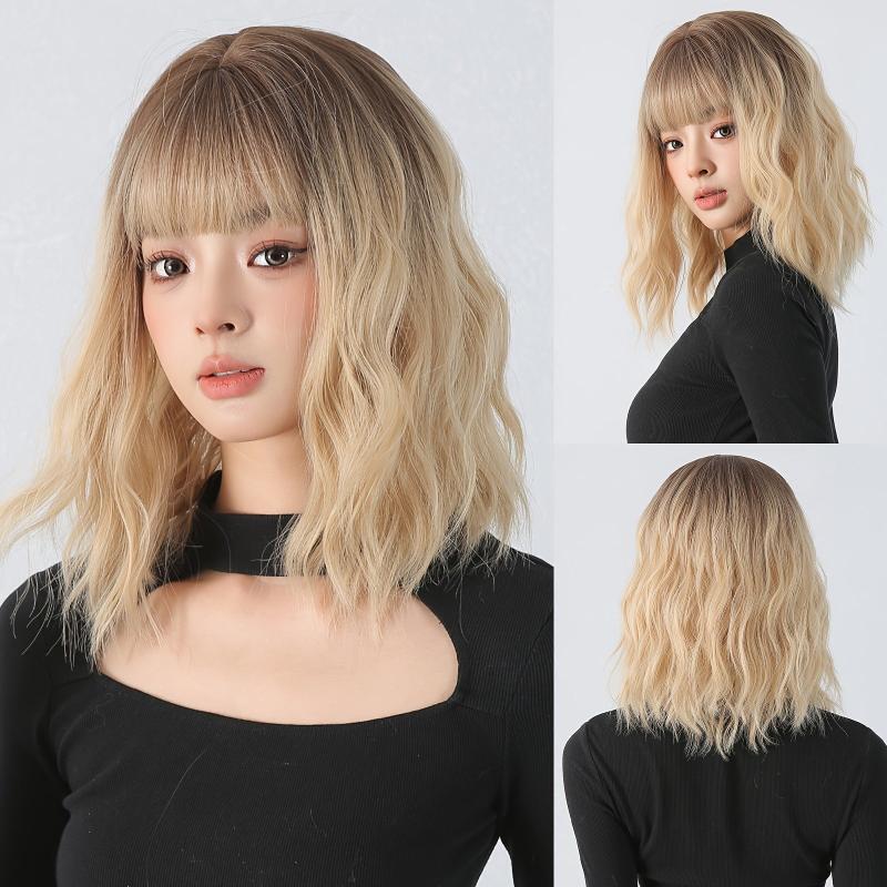 30 48 Cm Water Wavy Synthetic Wig With Fringe Medium Length Curly Synthetic Wig