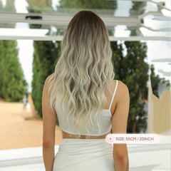 Long Grey Mixed Brown Wavy Hair Wig with Bangs Heat Resistant Fiber