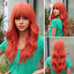 Long Grey Mixed Brown Wavy Hair Wig with Bangs Heat Resistant Fiber
