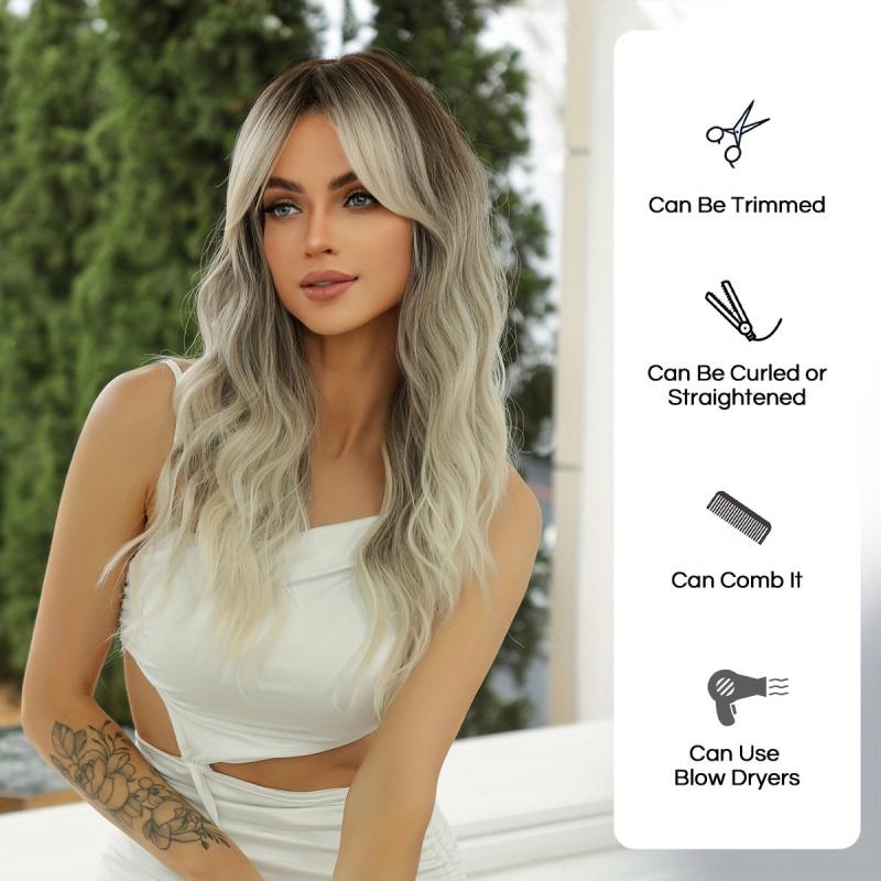 Long Grey Mixed Brown Wavy Hair Wig with Bangs Heat Resistant Fiber