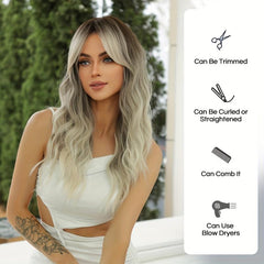 Long Grey Mixed Brown Wavy Hair Wig with Bangs Heat Resistant Fiber