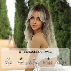 Long Grey Mixed Brown Wavy Hair Wig with Bangs Heat Resistant Fiber