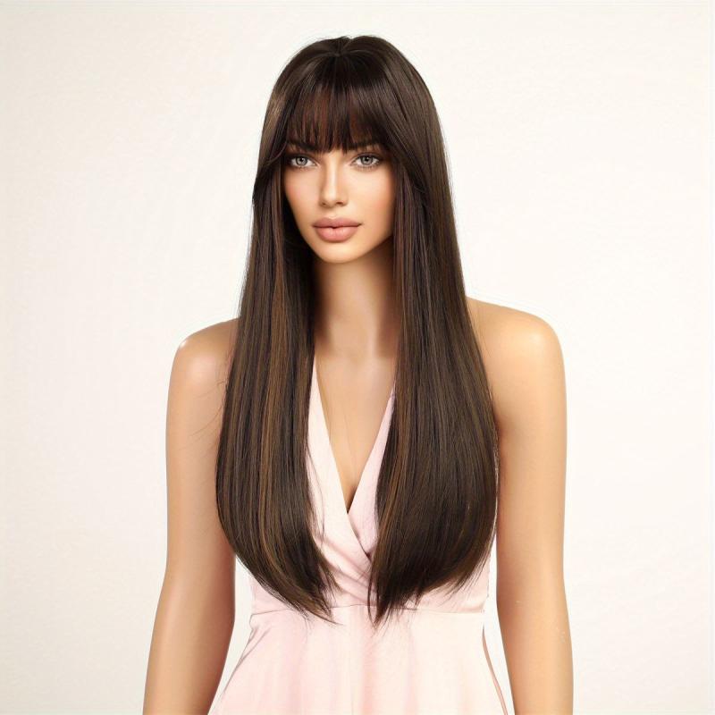 12 Cm Long Straight Hair Wig With Bangs Natural Looking Syntehtic Fiber Wig