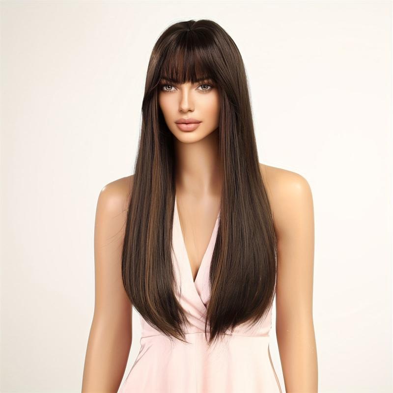 12 Cm Long Straight Hair Wig With Bangs Natural Looking Syntehtic Fiber Wig