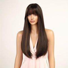 12 Cm Long Straight Hair Wig With Bangs Natural Looking Syntehtic Fiber Wig