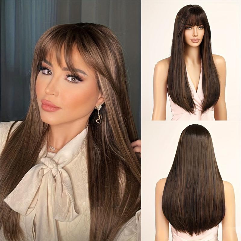 12 Cm Long Straight Hair Wig With Bangs Natural Looking Syntehtic Fiber Wig