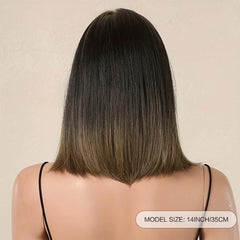 Shoulder Length Bob Wig With Bangs Brown Gradient Rose Hair Net Synthetic Wig
