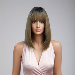 Shoulder Length Bob Wig With Bangs Brown Gradient Rose Hair Net Synthetic Wig