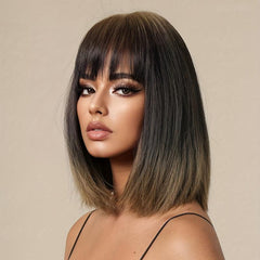 Shoulder Length Bob Wig With Bangs Brown Gradient Rose Hair Net Synthetic Wig