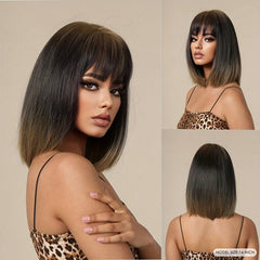 Shoulder Length Bob Wig With Bangs Brown Gradient Rose Hair Net Synthetic Wig