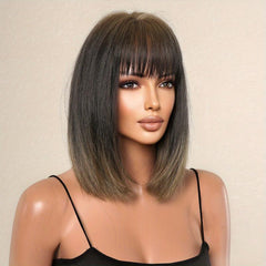 Shoulder Length Bob Wig With Bangs Brown Gradient Rose Hair Net Synthetic Wig