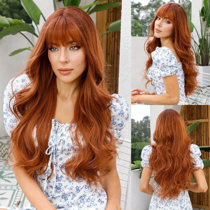 66 cm Dark Brown Long Curly Wavy Hair Wig with Bangs Synthetic Fiber Haircut