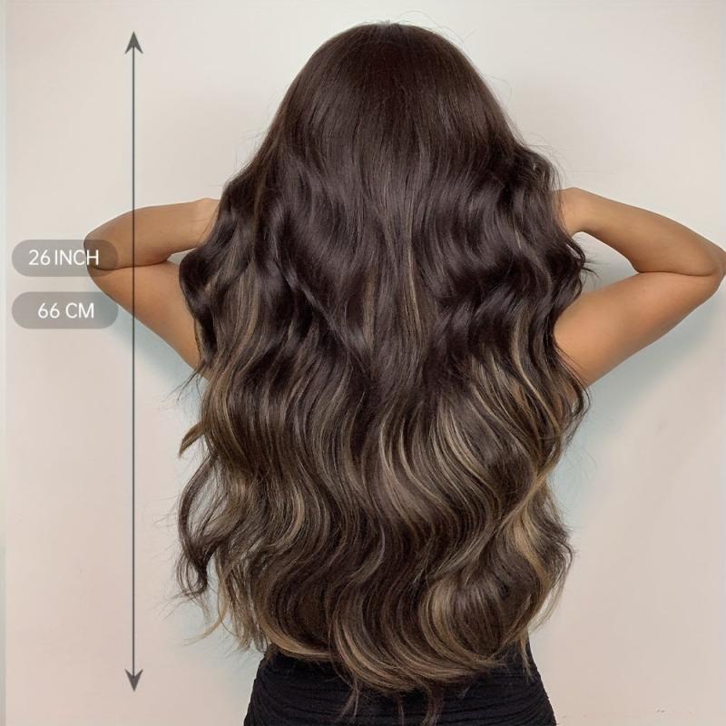 66 cm Dark Brown Long Curly Wavy Hair Wig with Bangs Synthetic Fiber Haircut